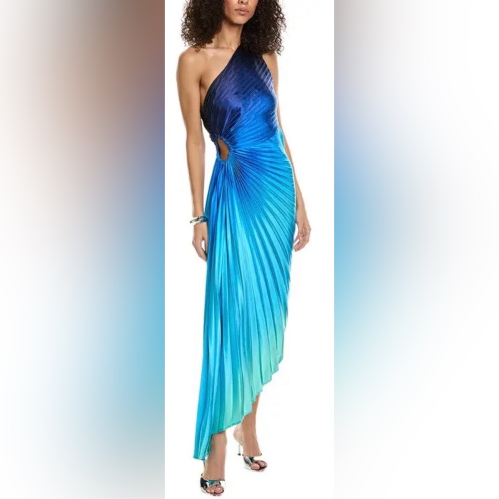 Ombré pleated one-shoulder formal / evening long dress. Asymmetrical. Blue. L